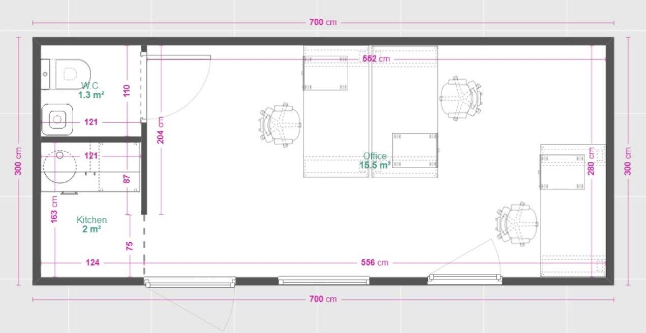 Contenedor de oficina de 21 m² con WC y cocina pequeña. - Imagen 3
